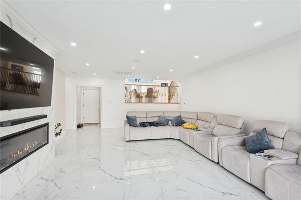 Fireplace, Interior, Living room, Marble, Recessed Lighting