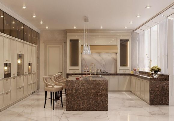 Interior, Kitchen, Marble, Pendant Lights, Recessed Lighting