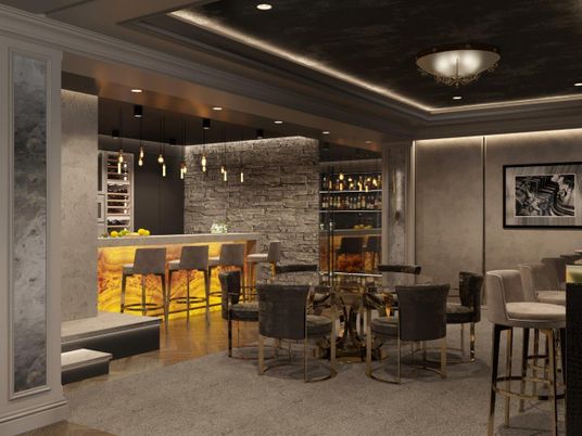 Interior, Pendant Lights, Recessed Lighting, Stone Walls, Wood Texture Flooring