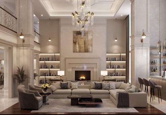 Chandelier, Fireplace, Interior, Living room, Pendant Lights, Recessed Lighting, Wood Texture Flooring
