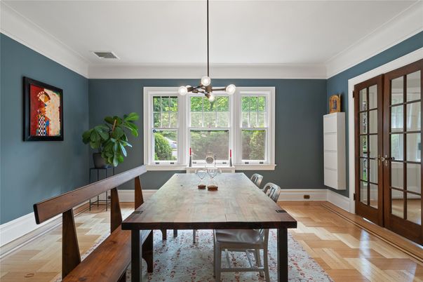 Dining room, Interior, Pendant Lights, Wood Texture Flooring