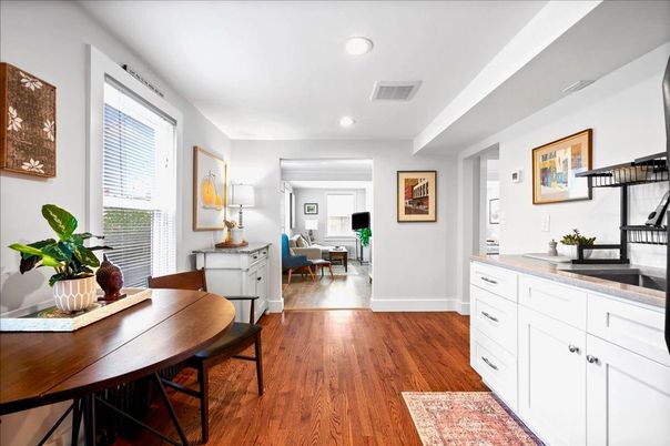 Dining room, Interior, Recessed Lighting, Wood Texture Flooring