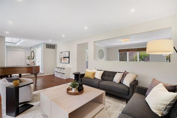 Interior, Living room, Piano, Recessed Lighting, Wood Texture Flooring
