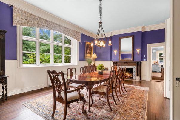 Dining room, Fireplace, Interior, Pendant Lights, Wood Texture Flooring