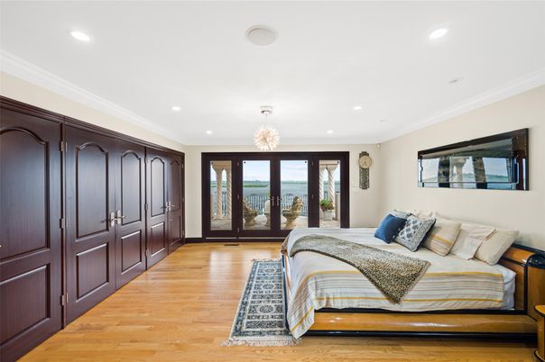Bedroom, Chandelier, Interior, Recessed Lighting, Wood Texture Flooring