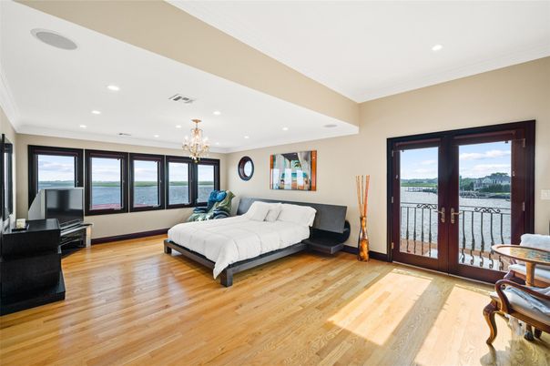Bedroom, Chandelier, Interior, Recessed Lighting, Water, Wood Texture Flooring