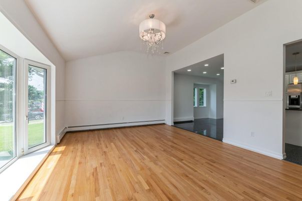 Chandelier, Empty room, Interior, Pendant Lights, Recessed Lighting, Wood Texture Flooring