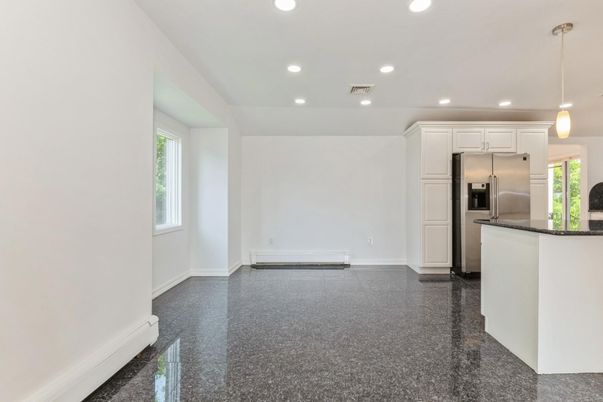 Empty room, Interior, Kitchen, Pendant Lights, Recessed Lighting, Stainless Steel Appliances