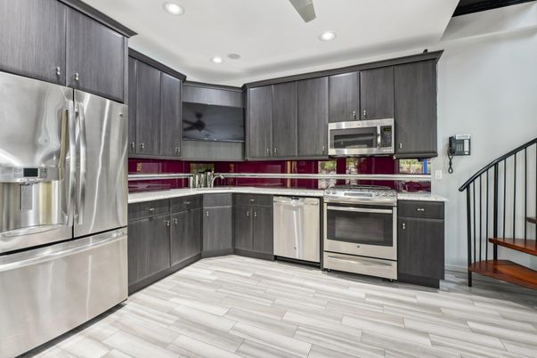Interior, Kitchen, Recessed Lighting, Stainless Steel Appliances, Wood Texture Flooring