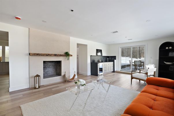 Fireplace, Interior, Living room, Recessed Lighting, Wood Texture Flooring