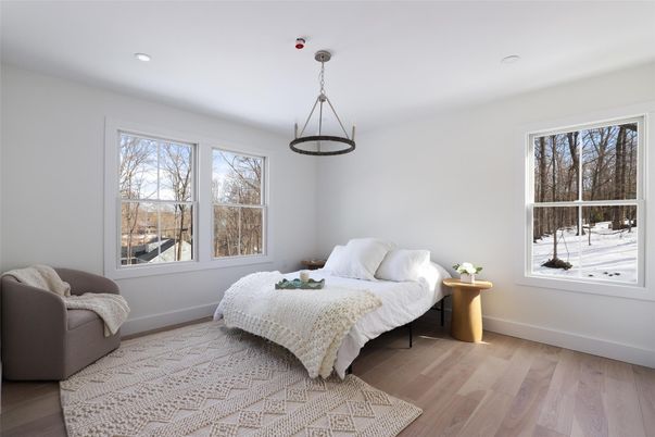 Bedroom, Interior, Pendant Lights, Recessed Lighting, Wood Texture Flooring