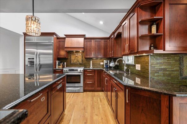 Interior, Kitchen, Pendant Lights, Recessed Lighting, Stainless Steel Appliances, Wood Texture Flooring