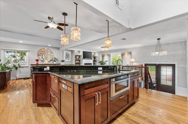 Chandelier, Interior, Kitchen, Pendant Lights, Recessed Lighting, Wood Texture Flooring