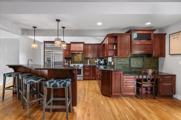 Interior, Kitchen, Pendant Lights, Recessed Lighting, Stainless Steel Appliances, Wood Texture Flooring