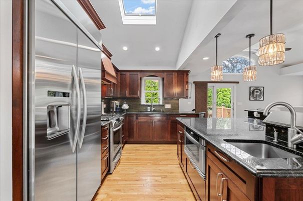 Interior, Kitchen, Pendant Lights, Recessed Lighting, Stainless Steel Appliances, Wood Texture Flooring