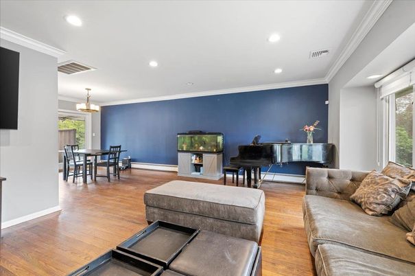 Dining room, Fireplace, Interior, Living room, Pendant Lights, Piano, Recessed Lighting, Wood Texture Flooring