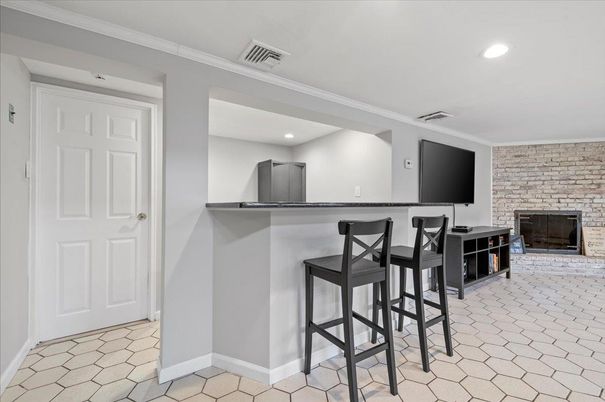 Fireplace, Interior, Recessed Lighting, Stone Walls