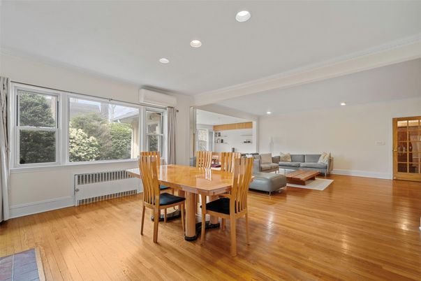 Dining room, Interior, Living room, Recessed Lighting, Wood Texture Flooring