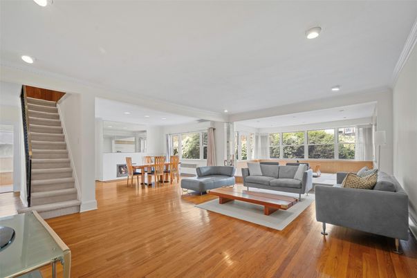 Dining room, Interior, Living room, Recessed Lighting, Wood Texture Flooring