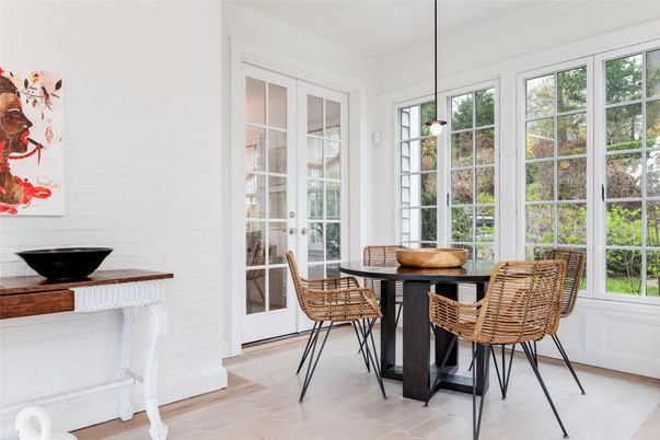 Dining room, Interior, Pendant Lights, Wood Texture Flooring