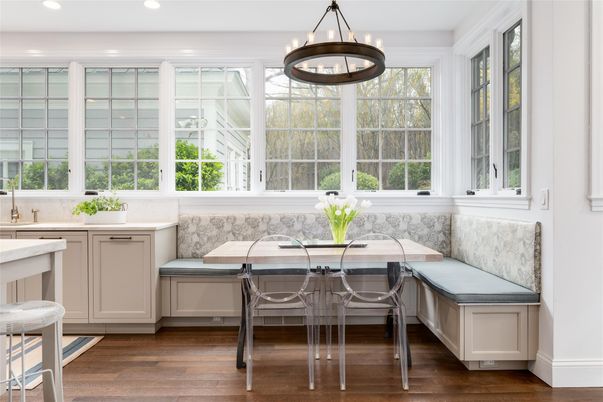 Dining room, Interior, Pendant Lights, Recessed Lighting, Wood Texture Flooring