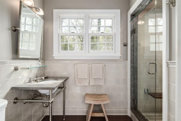 Bathroom, Glass Shower, Interior, Wood Texture Flooring