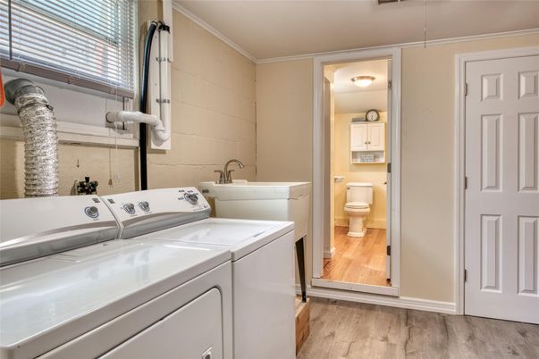 Bathroom, Interior, Washer, Wood Texture Flooring