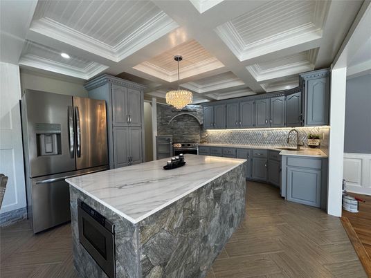 Chandelier, Interior, Kitchen, Recessed Lighting, Stainless Steel Appliances, Wood Texture Flooring