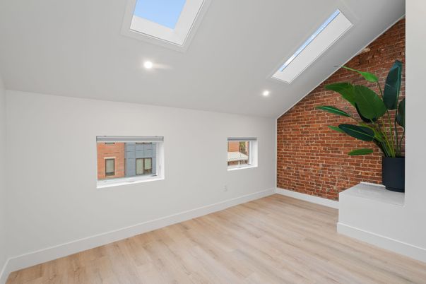 Empty room, Interior, Recessed Lighting, Stone Walls, Wood Texture Flooring