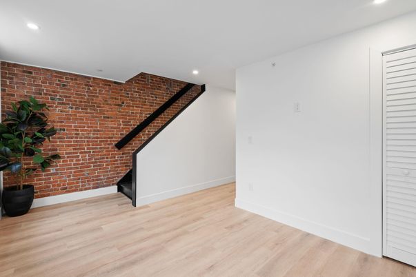 Empty room, Interior, Recessed Lighting, Stone Walls, Wood Texture Flooring