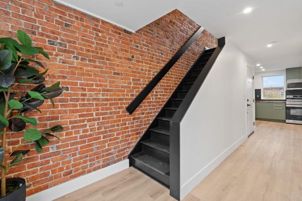 Interior, Kitchen, Recessed Lighting, Stainless Steel Appliances, Stone Walls, Wood Texture Flooring