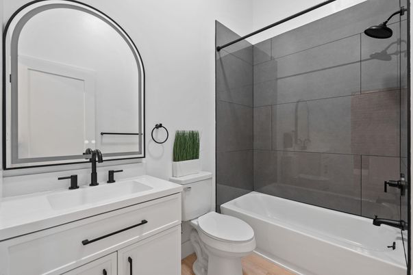 Bathroom, Glass Shower, Interior, Wood Texture Flooring
