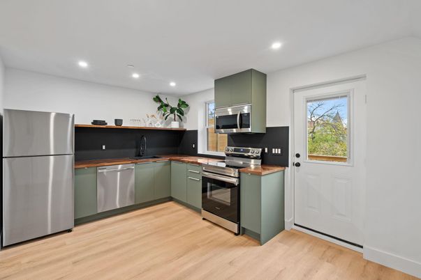 Interior, Kitchen, Recessed Lighting, Stainless Steel Appliances, Wood Texture Flooring