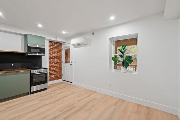 Interior, Kitchen, Recessed Lighting, Stainless Steel Appliances, Stone Walls, Wood Texture Flooring