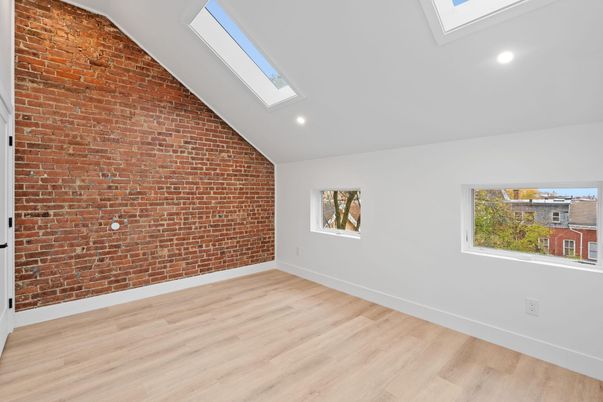 Empty room, Interior, Recessed Lighting, Stone Walls, Wood Texture Flooring