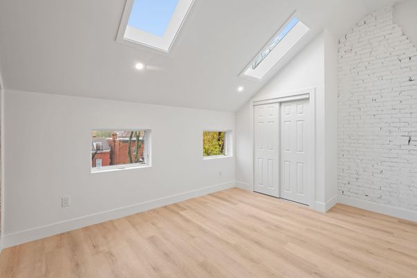 Empty room, Interior, Recessed Lighting, Stone Walls, Wood Texture Flooring
