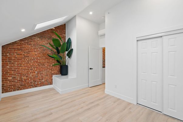 Empty room, Interior, Recessed Lighting, Stone Walls, Wood Texture Flooring