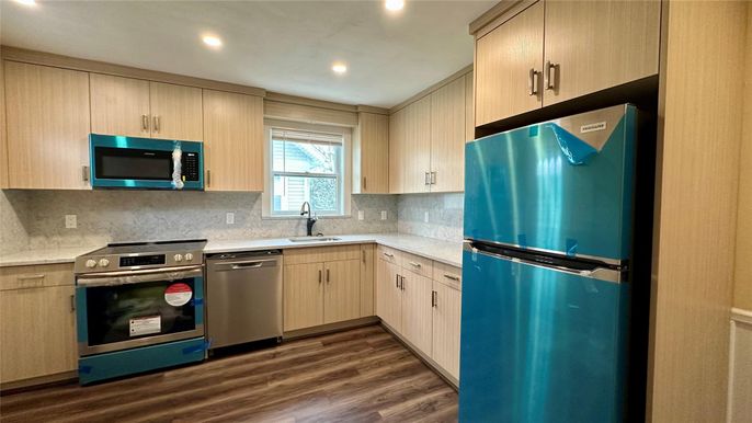 Interior, Kitchen, Recessed Lighting, Stainless Steel Appliances, Wood Texture Flooring