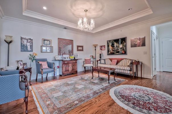 Chandelier, Interior, Living room, Recessed Lighting, Wood Texture Flooring