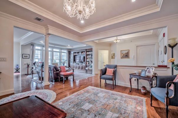 Chandelier, Interior, Living room, Recessed Lighting, Wood Texture Flooring