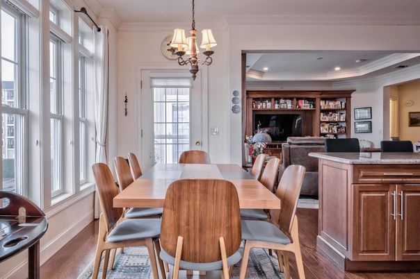 Chandelier, Dining room, Interior, Recessed Lighting, Wood Texture Flooring