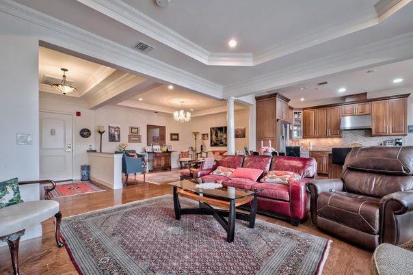 Chandelier, Dining room, Interior, Kitchen, Living room, Recessed Lighting, Stainless Steel Appliances, Wood Texture Flooring