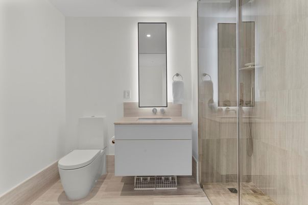 Bathroom, Glass Shower, Interior, Wood Texture Flooring