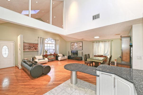 Dining room, Interior, Living room, Recessed Lighting, Wood Texture Flooring