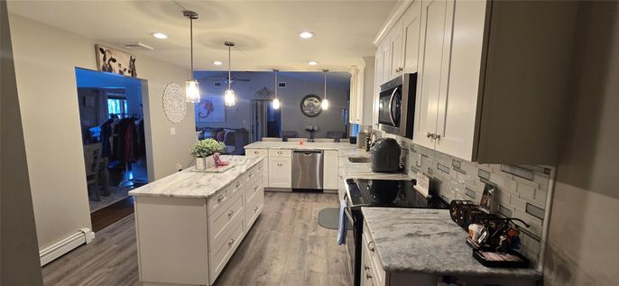 Interior, Kitchen, Pendant Lights, Recessed Lighting, Stainless Steel Appliances, Wood Texture Flooring