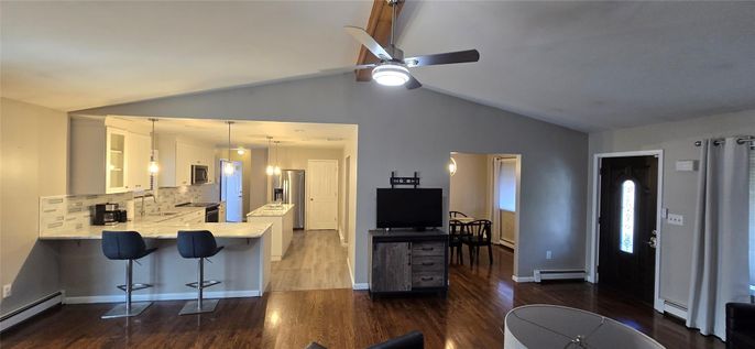 Interior, Kitchen, Pendant Lights, Wood Texture Flooring