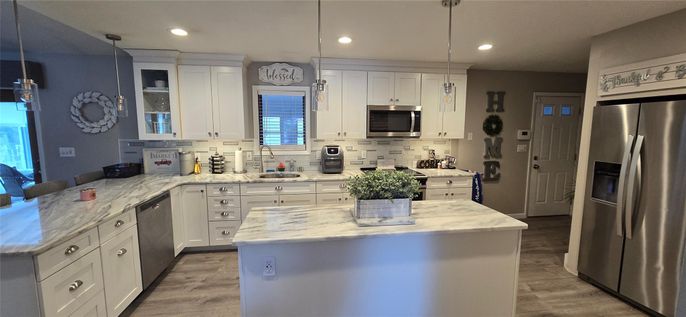Interior, Kitchen, Pendant Lights, Recessed Lighting, Stainless Steel Appliances, Wood Texture Flooring
