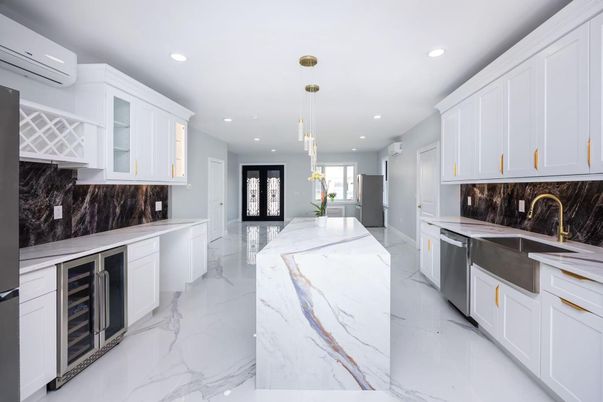 Interior, Kitchen, Marble, Pendant Lights, Recessed Lighting, Stainless Steel Appliances