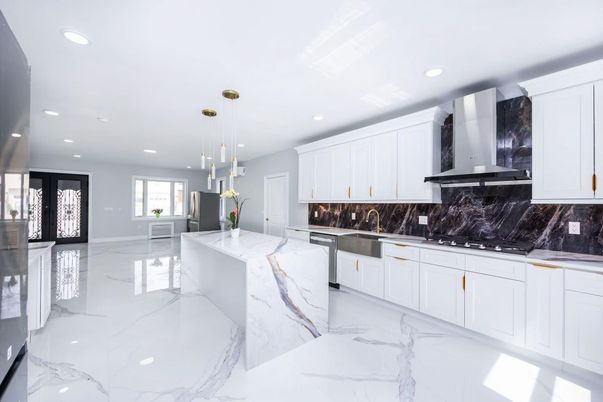 Interior, Kitchen, Marble, Marble Walls, Pendant Lights, Recessed Lighting, Stainless Steel Appliances