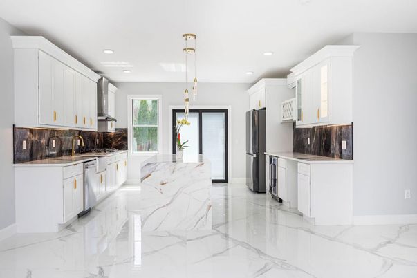Interior, Kitchen, Marble, Pendant Lights, Recessed Lighting, Stainless Steel Appliances